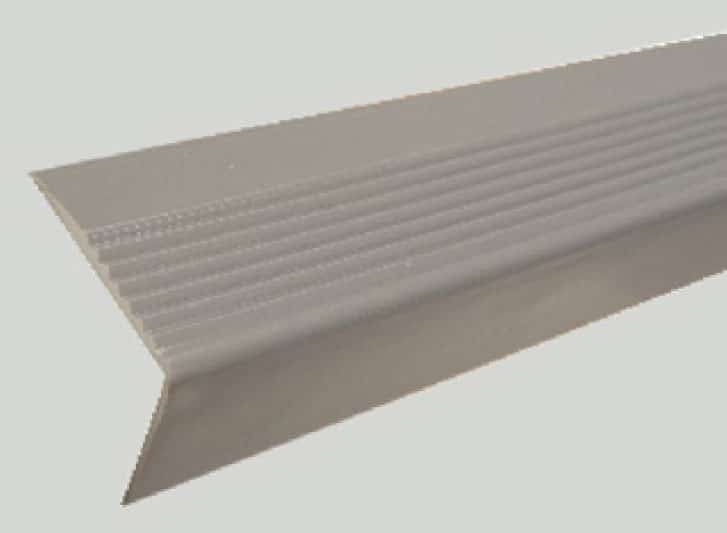 An image of a grey plastic stair trim, also known as a PVC stair nosing.