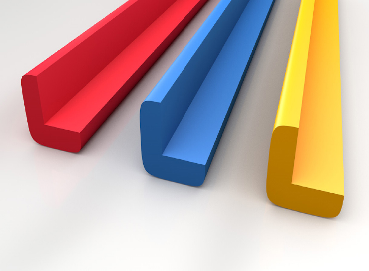 3d rendering of a red and blue l-shaped bar with foam corner guard.