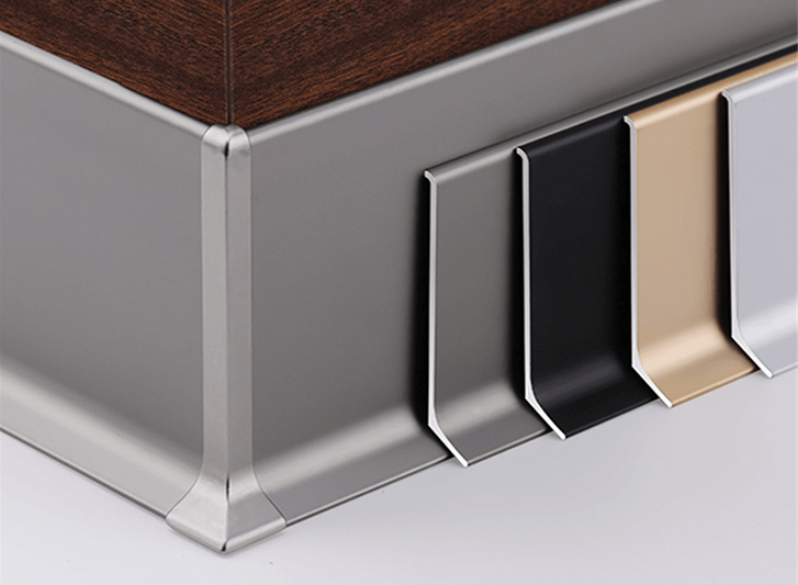 A close up of a metal shelf with various colors, including aluminum skirting.