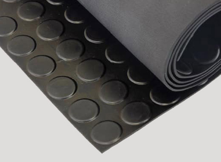 A black rubber mat with circles on it, available for purchase as an anti-fatigue mat.