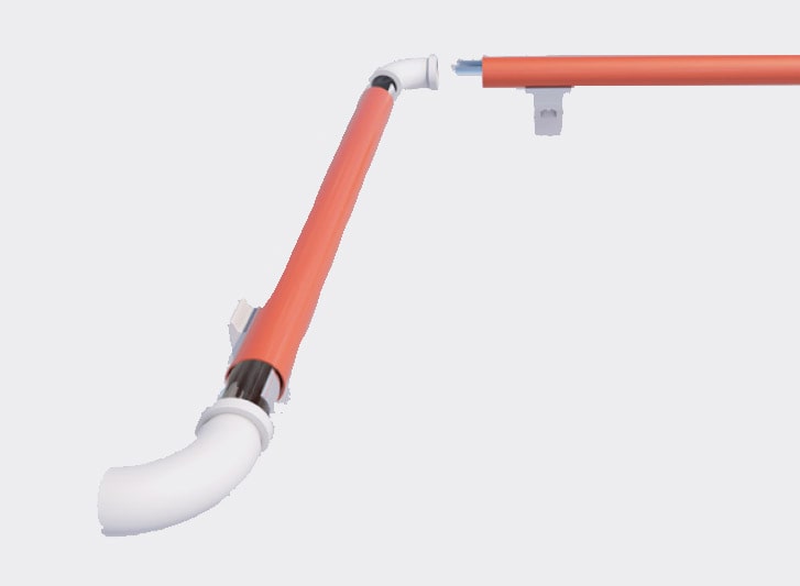 An orange pipe with a corner guard attached to it.