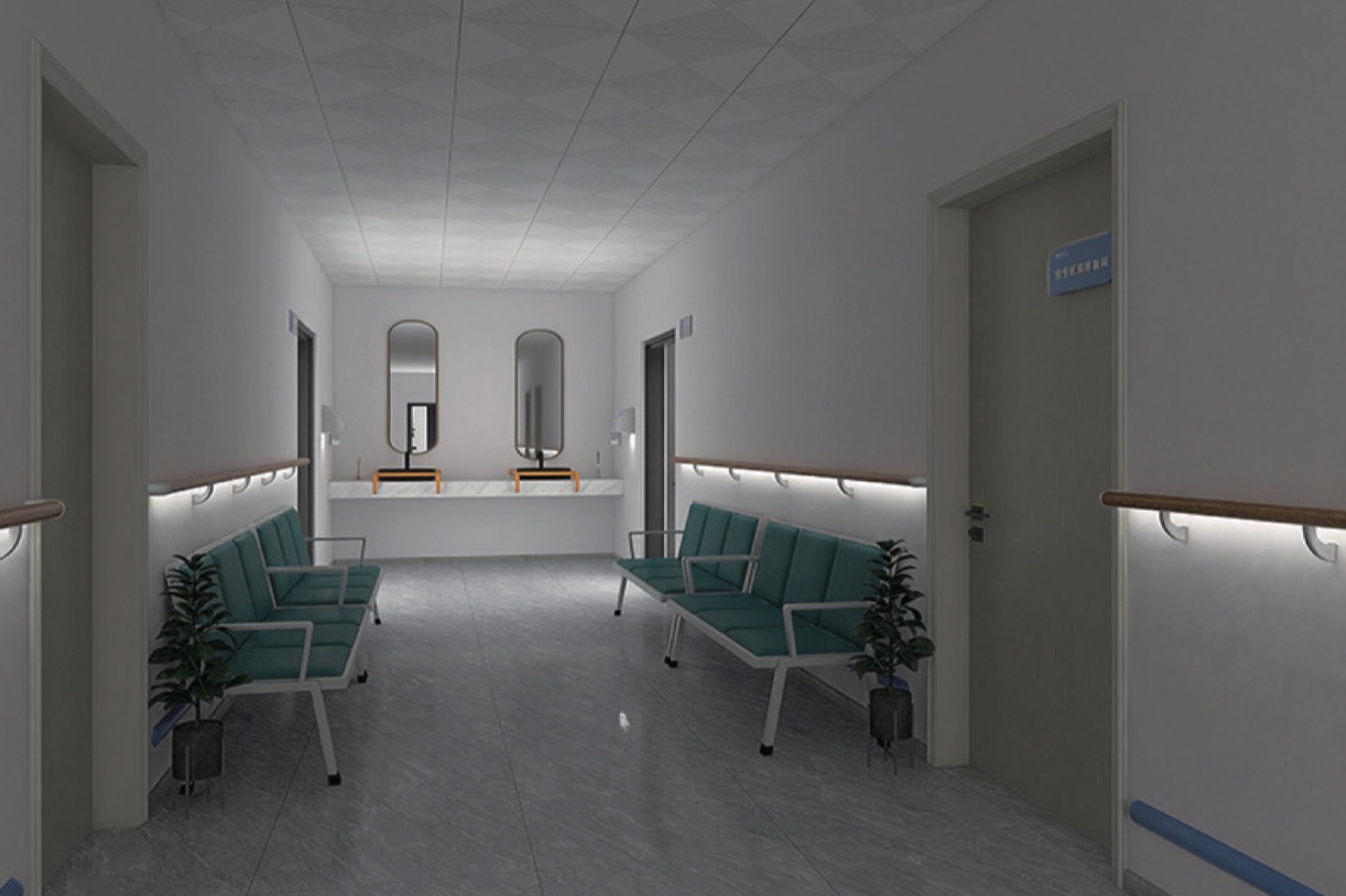 A 3D model of a hospital waiting room with PVC hand rails.