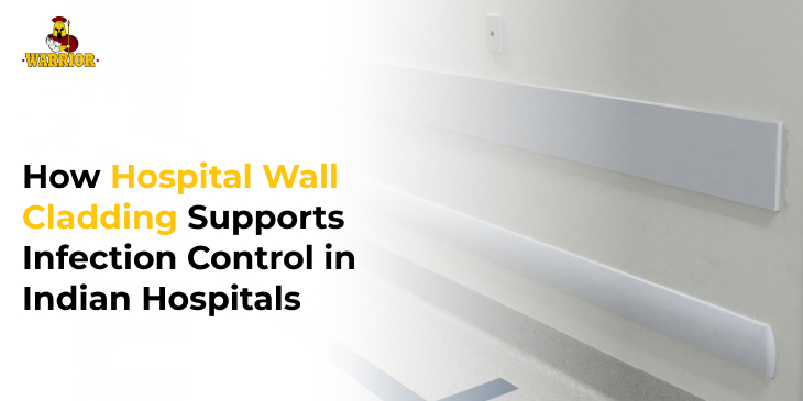 White hygienic PVC wall cladding and crash rail fitted along a smooth hospital corridor wall