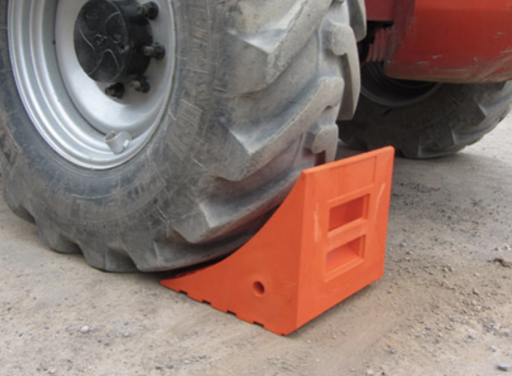 A close-up of a wheel chock.