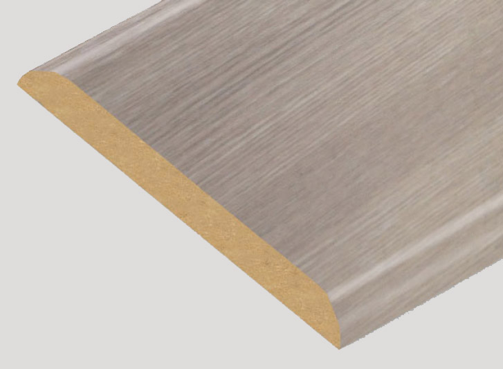 A close up image of a grey wood trim featuring Wood Corner Guards and Wall Guards.
