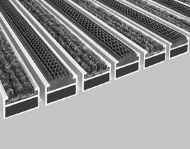 A series of black and white strips on a grey background showcasing PVC Corner & Wall Guard Protection Solutions from Warrior WPS.