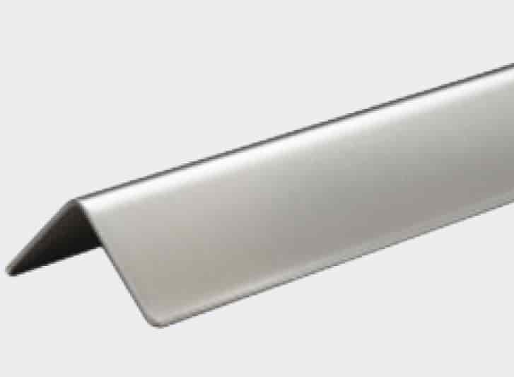 A stainless steel angle bar on a white background.