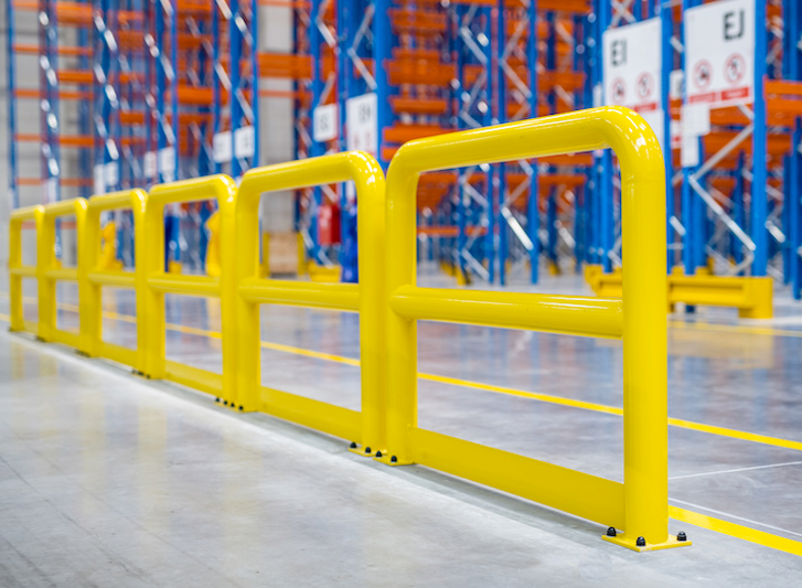 A yellow barrier in a warehouse, reinforced with stainless steel bollards or crash bollards.