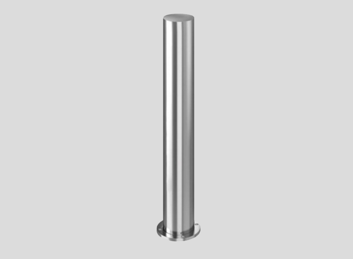 A stainless steel pole on a gray background, also known as a stainless steel bollard or crash bollard.