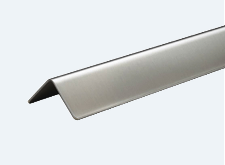 A stainless steel angle bar on a white background, also serving as a corner guard.