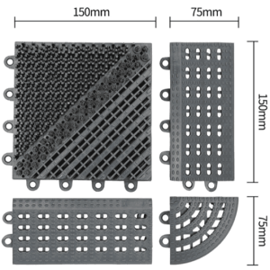 A set of measurements for a set of black plastic tiles used as entrance mats.