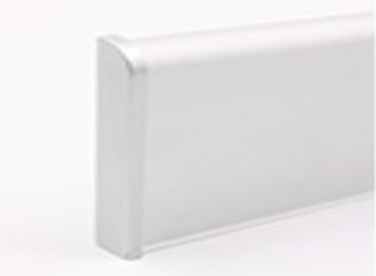 A white plastic shelf on a white background, featuring a sleek aluminium skirting.