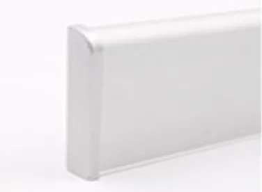 A white plastic shelf on a white background, featuring a sleek aluminium skirting.